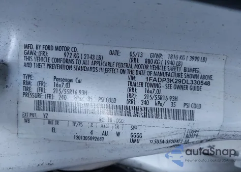 2013 Ford Focus Se z USA, uszkodzony, nr VIN 1FADP3K29DL330548